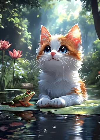 Turkish Van Cat and Frog on Lily Pad Animal