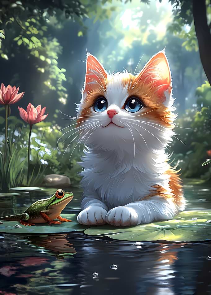 Turkish Van Cat and Frog on Lily Pad Animal