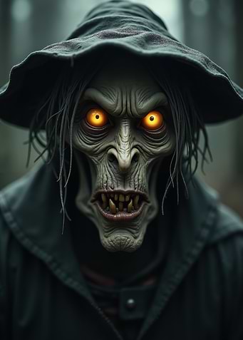 Creepy Witch Portrait with Glowing Eyes