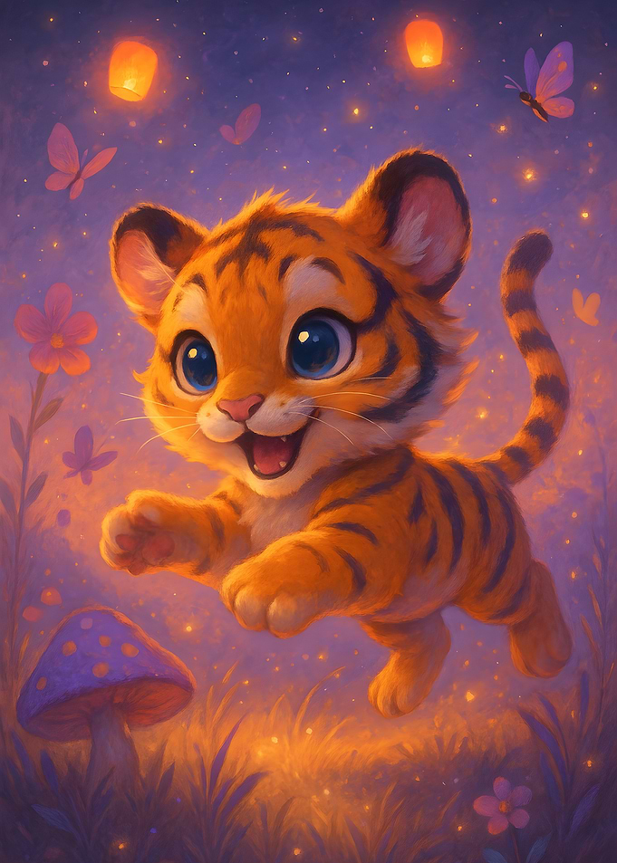 Cute Tiger Cub in Dreamy Landscape