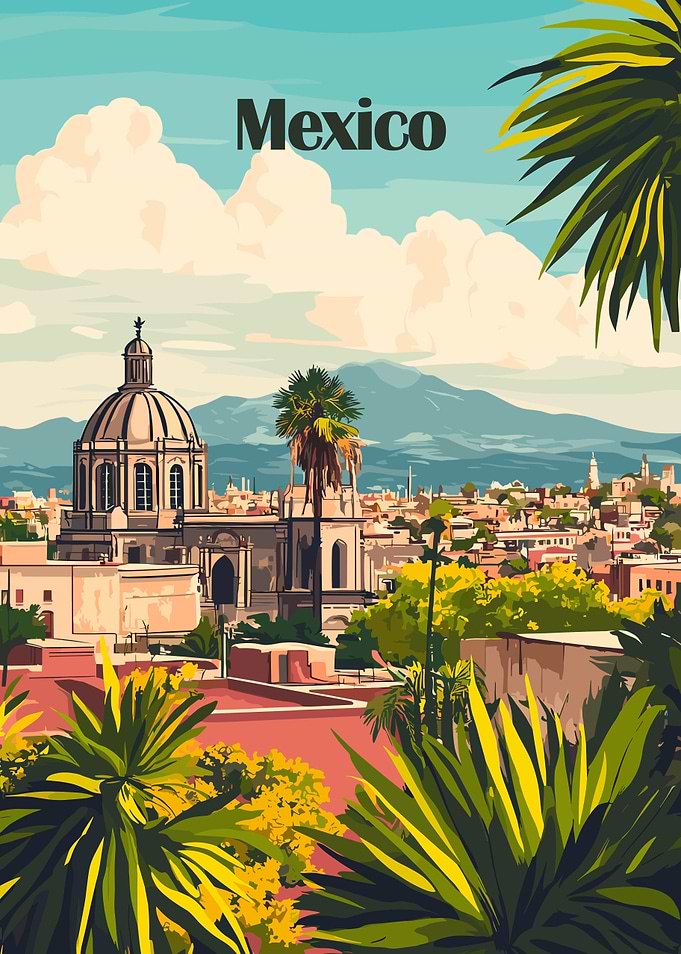 Mexico Cityscape Travel Poster Art