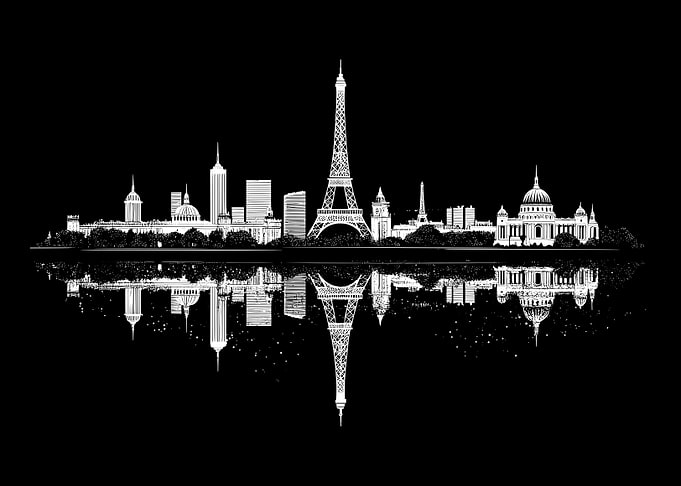 Paris Skyline Reflection Black and White