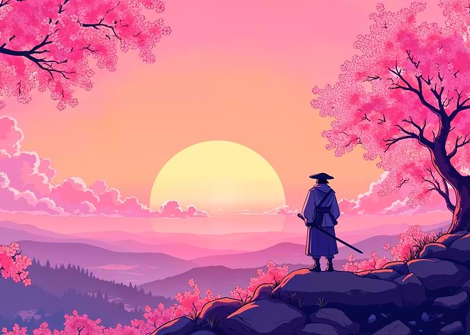 Samurai under Cherry Blossoms at Sunset