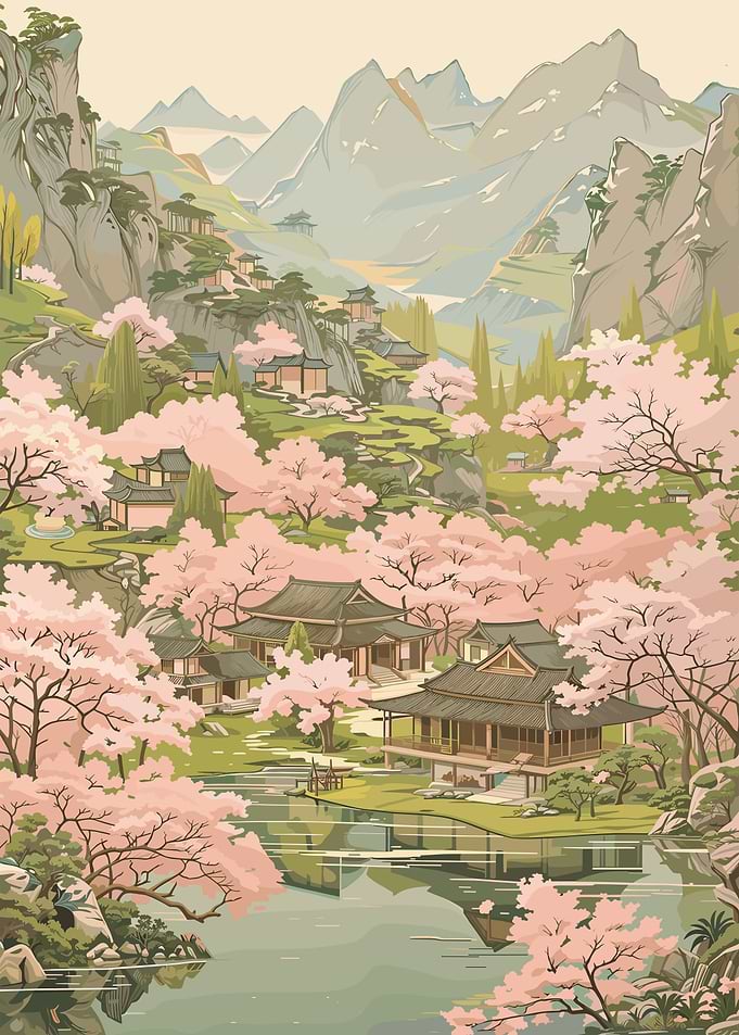 Japanese Village with Cherry Blossoms