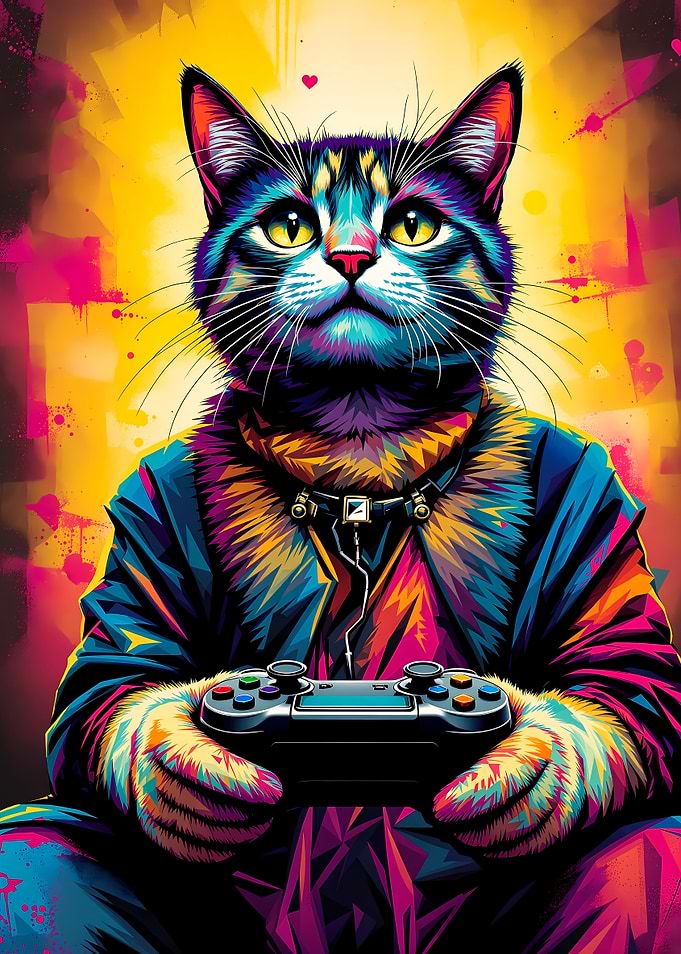 Gamer Cat Vibes – Neon Feline with Controller and Attitude