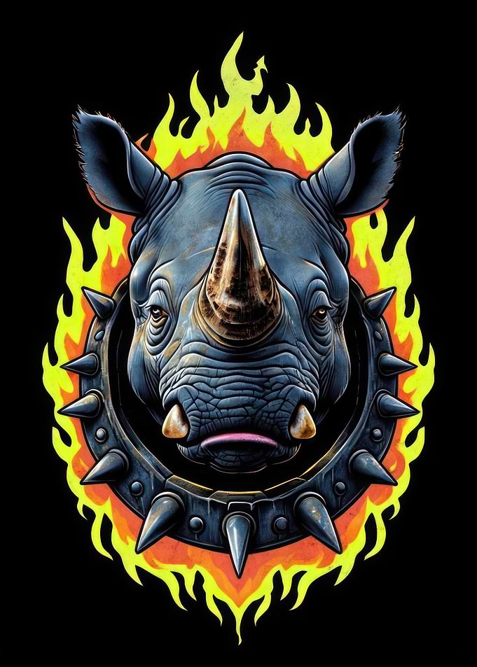 Rhinoceros with Flames and Spiked Collar