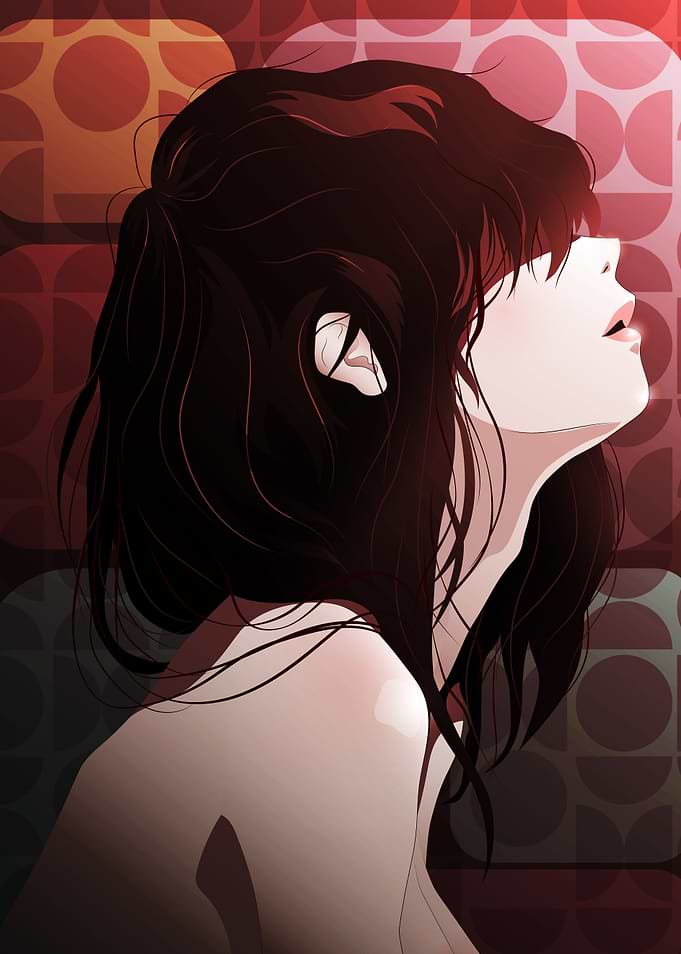 Woman with Dark Hair Looking Upward