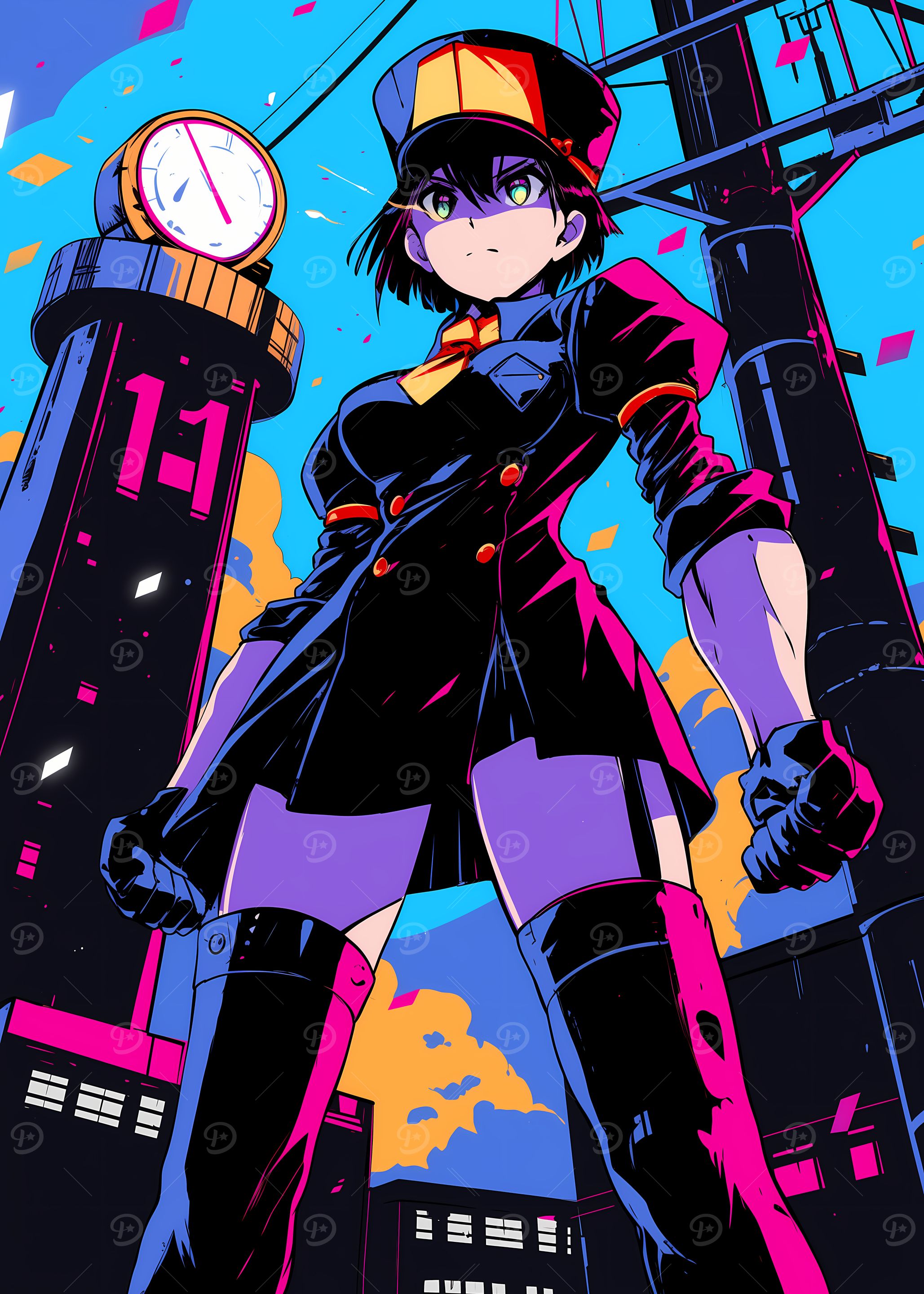Anime Girl in Uniform with Clocktower