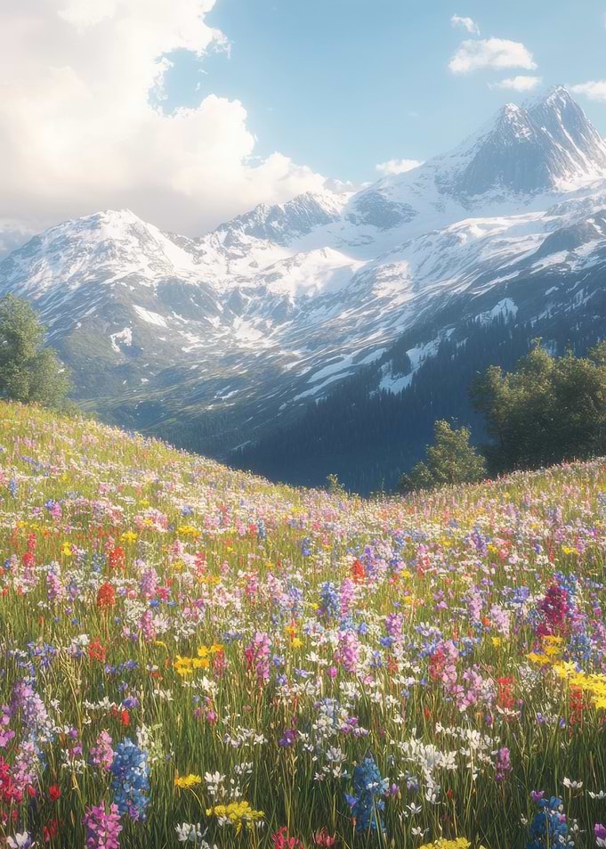 Mountain Meadow with Snow-Capped Peaks
