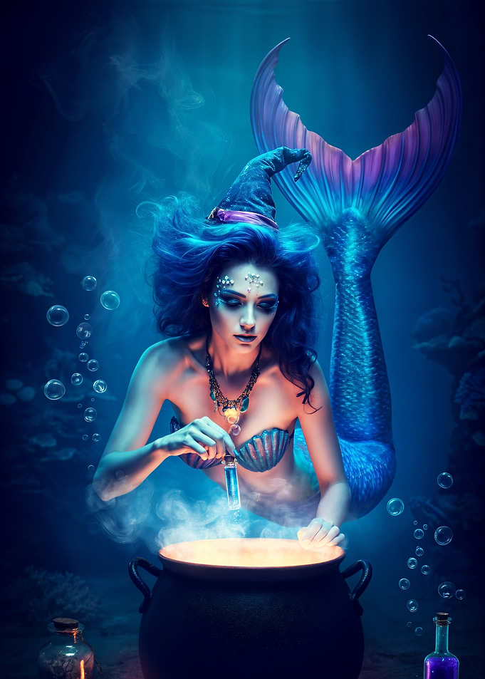 Mermaid Witch Brewing Potion Underwater