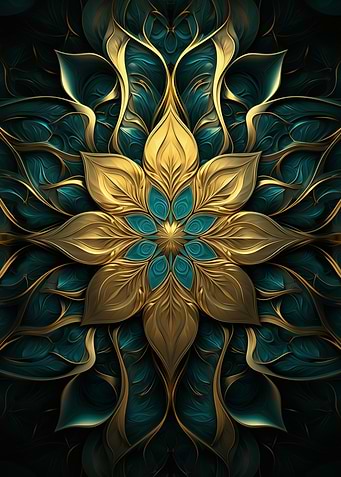 Golden Teal Floral Mandala Abstract
