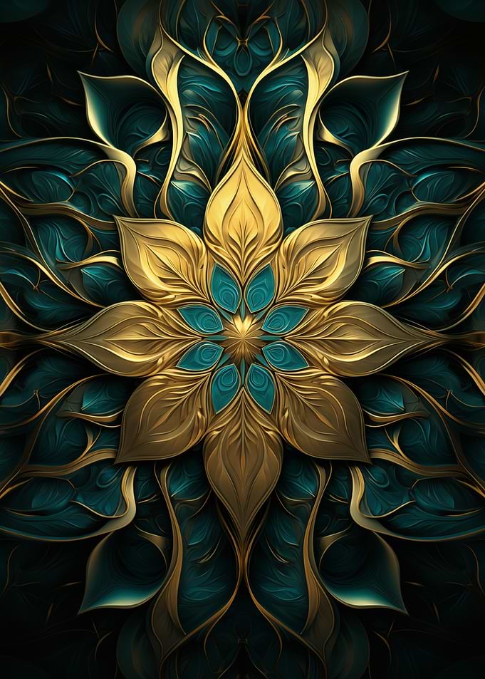 Golden Teal Floral Mandala Abstract