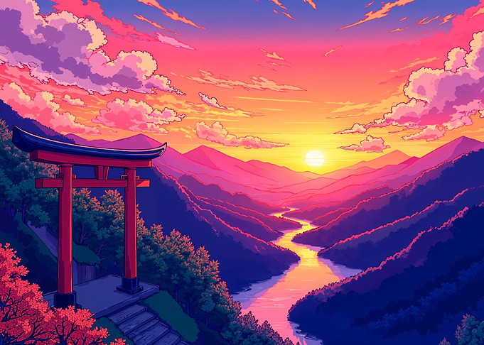 Japanese Landscape with Torii Gate at Sunset