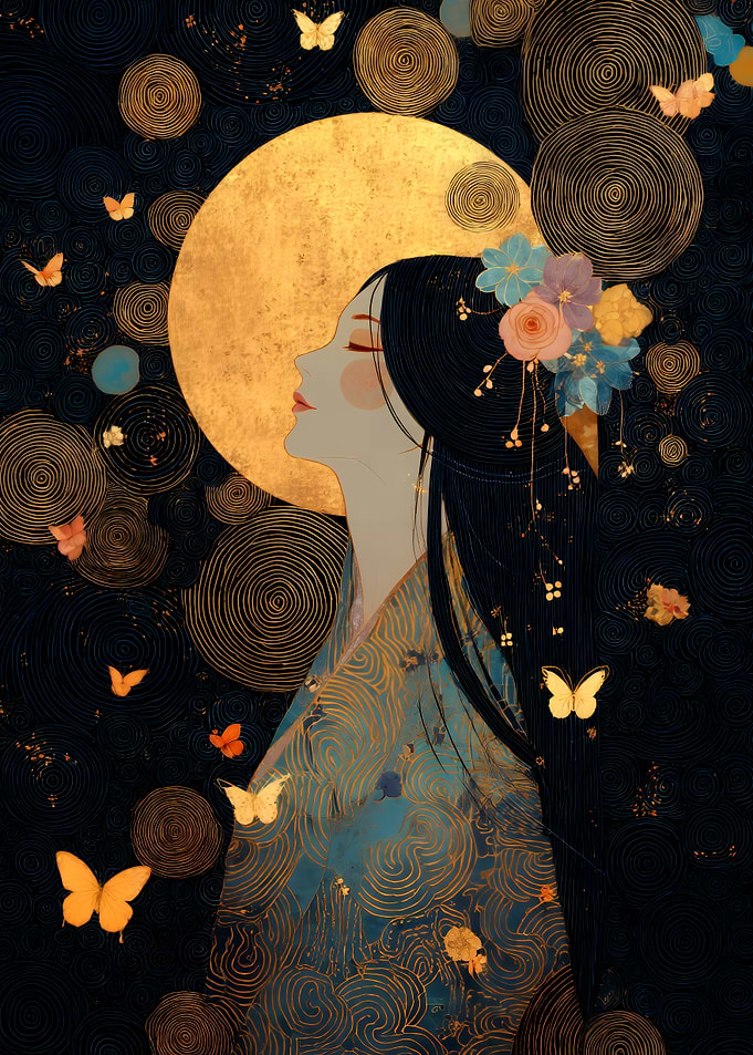 Asian Woman with Moon and Butterflies