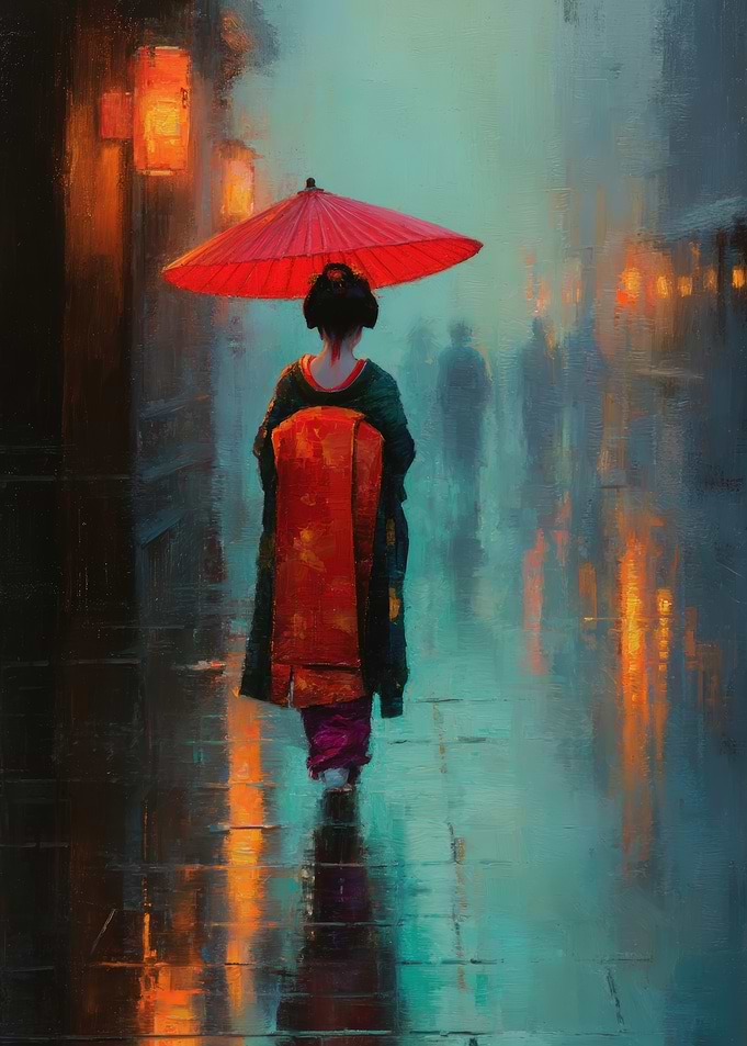 Geisha in Rainy Japanese Street