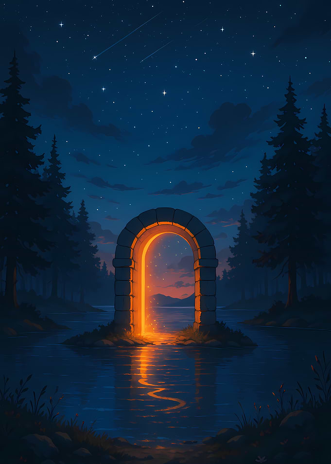 Magical Portal Glowing Over a Forest Lake