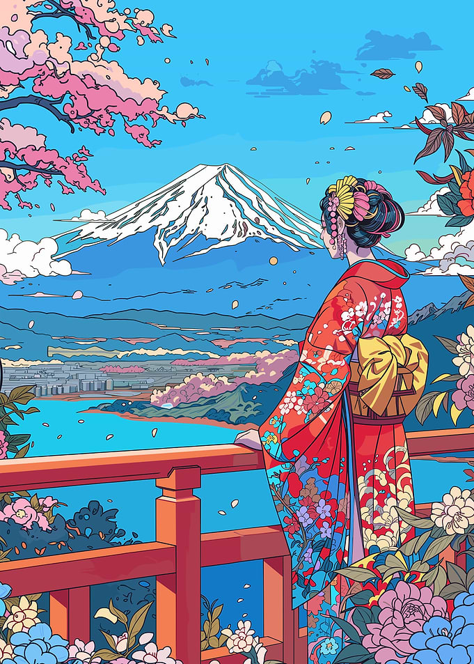 Japanese Kimono View of Mount Fuji