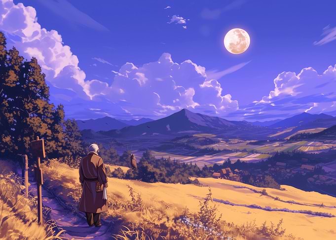 Anime Landscape with Figure and Moon