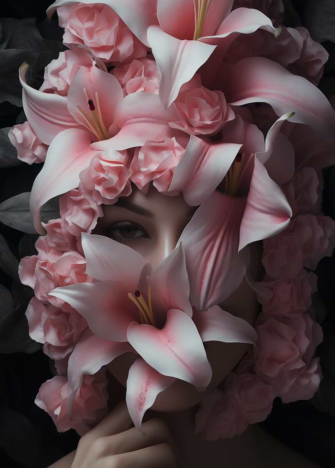 Floral Portrait with Pink Lilies and Roses