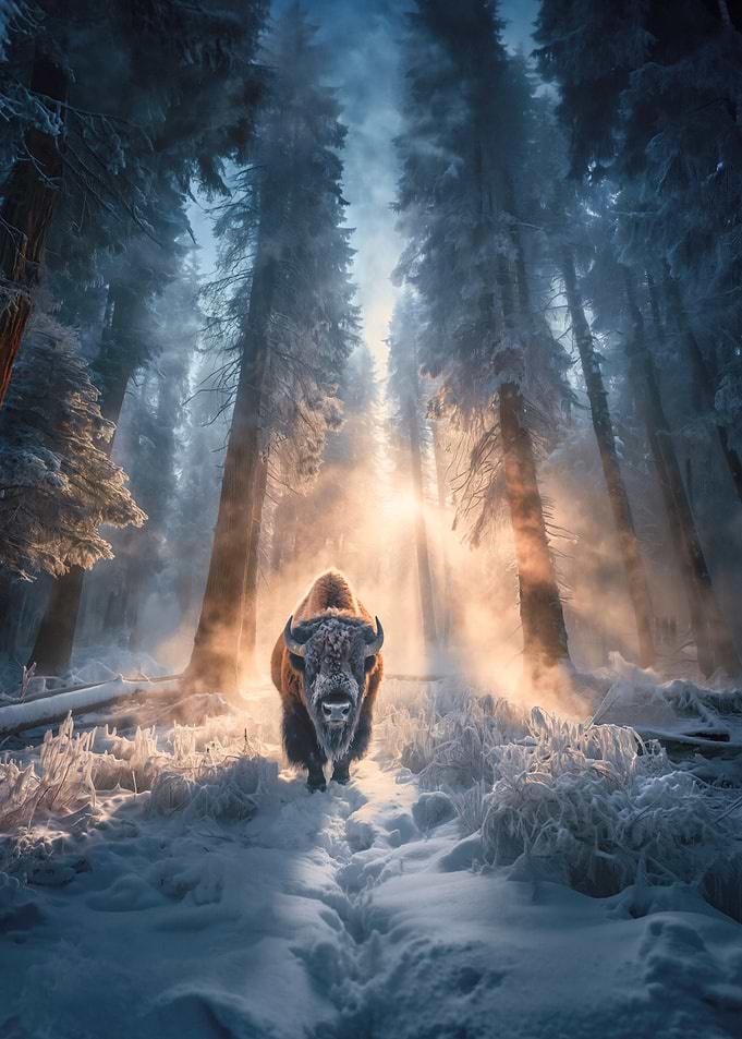 Bison in Winter Forest