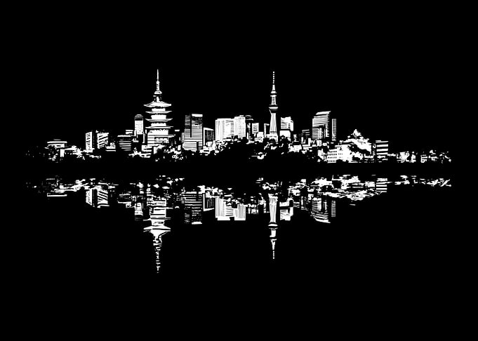 Monochrome Kyoto Cityscape Reflection
