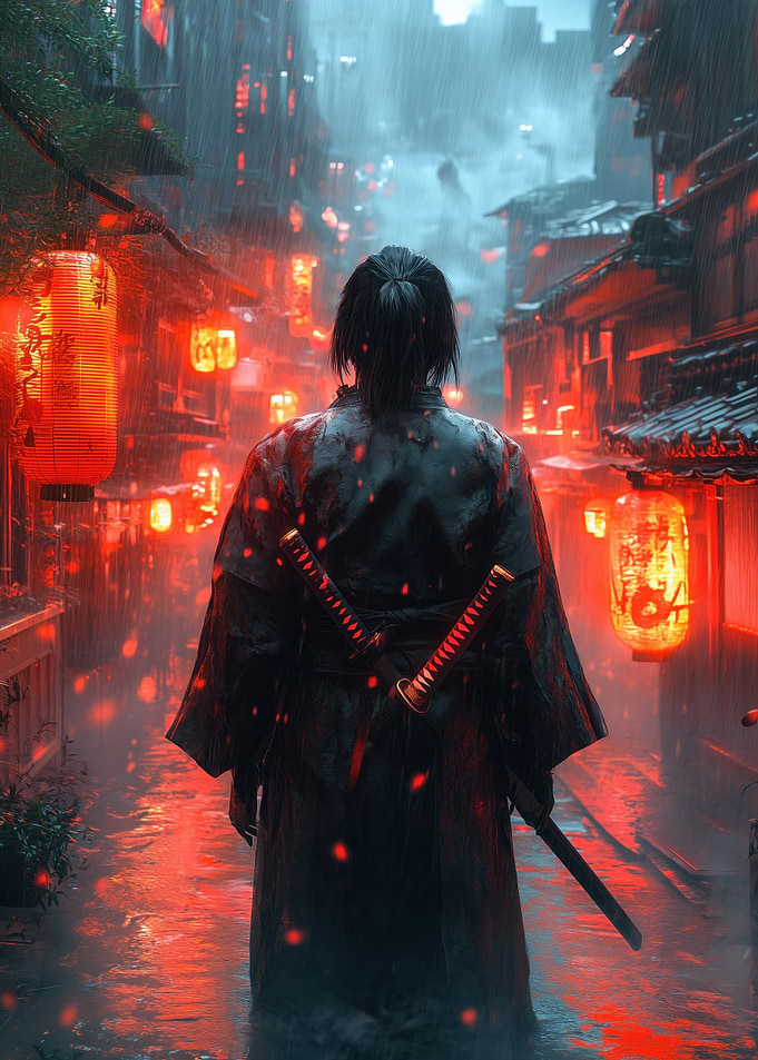 Samurai in Rainy Japanese Street