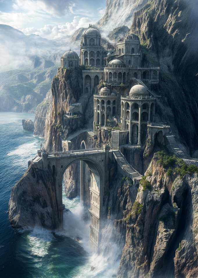 Cliffside Palace with Waterfall Bridge