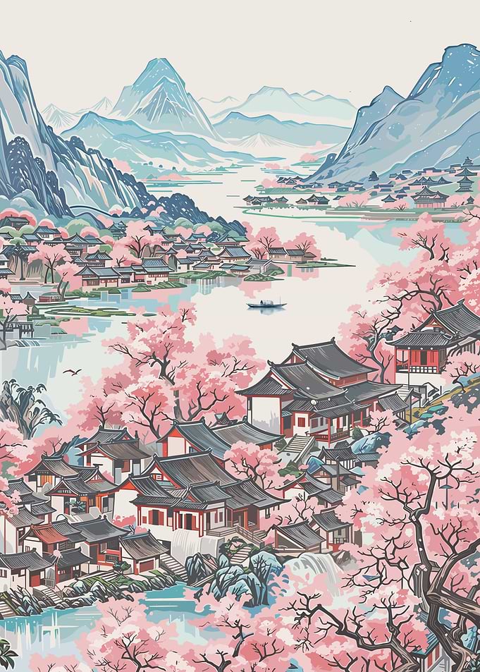 Asian Village with Cherry Blossoms
