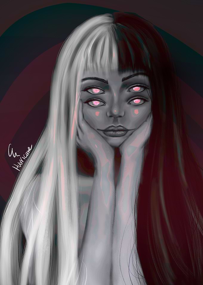 Four-Eyed Woman with Split Hair