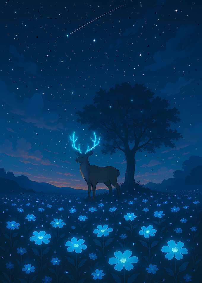 Glowing Deer in a Flower Field