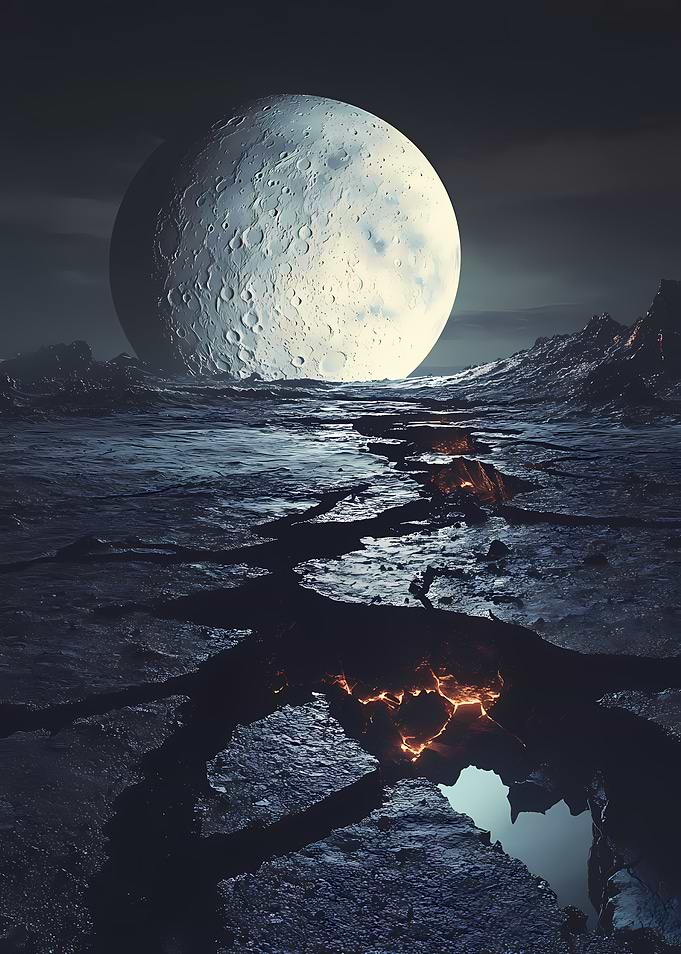 Cracked Planet Surface with Moon