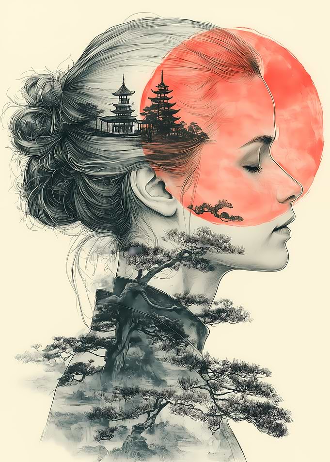 Japanese Woman with Landscape Double Exposure