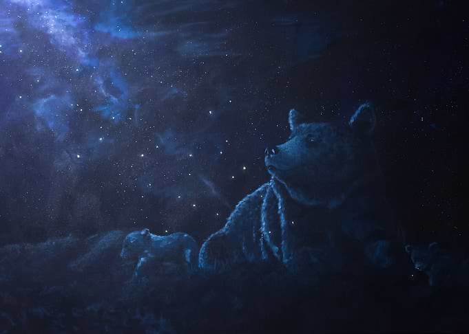 Bear Family Under Starry Night Sky