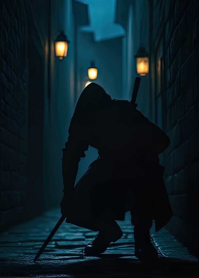 Silhouette of hooded figure in alleyway