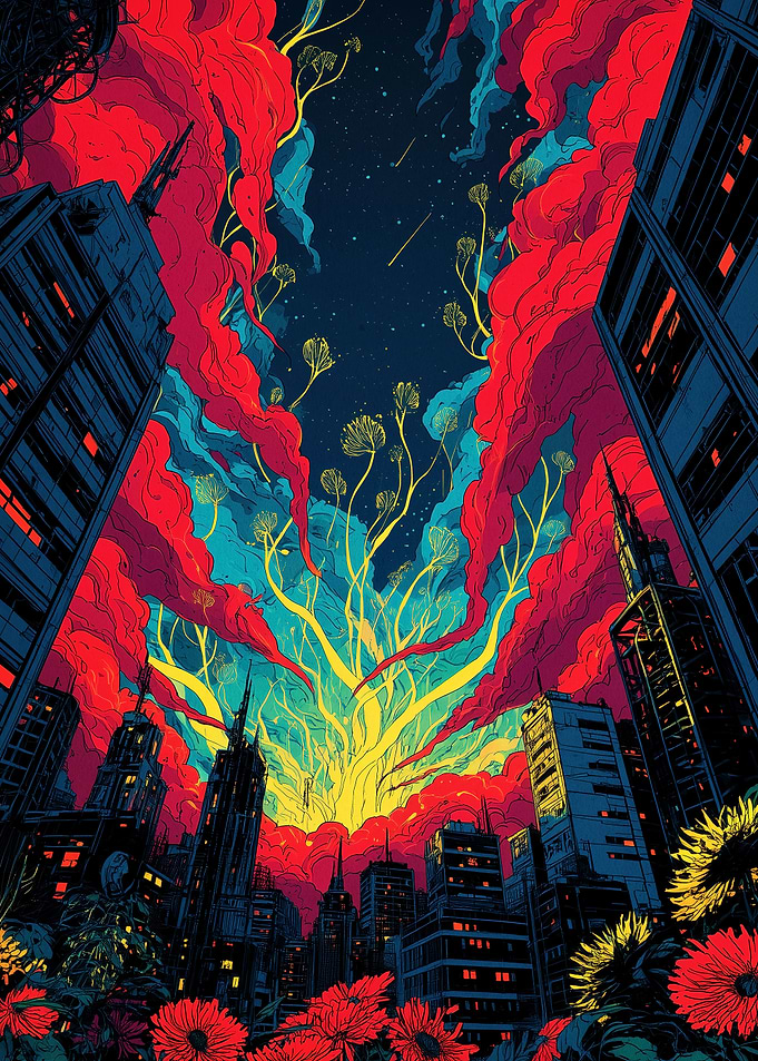 Surreal Cityscape with Floral