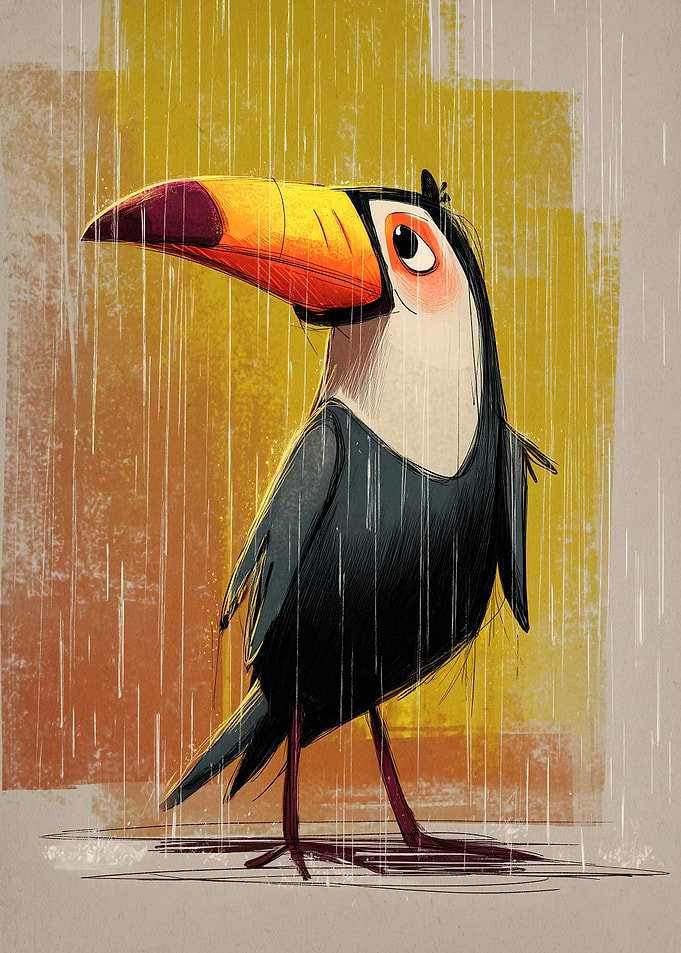 Cartoon Toucan in the Rain