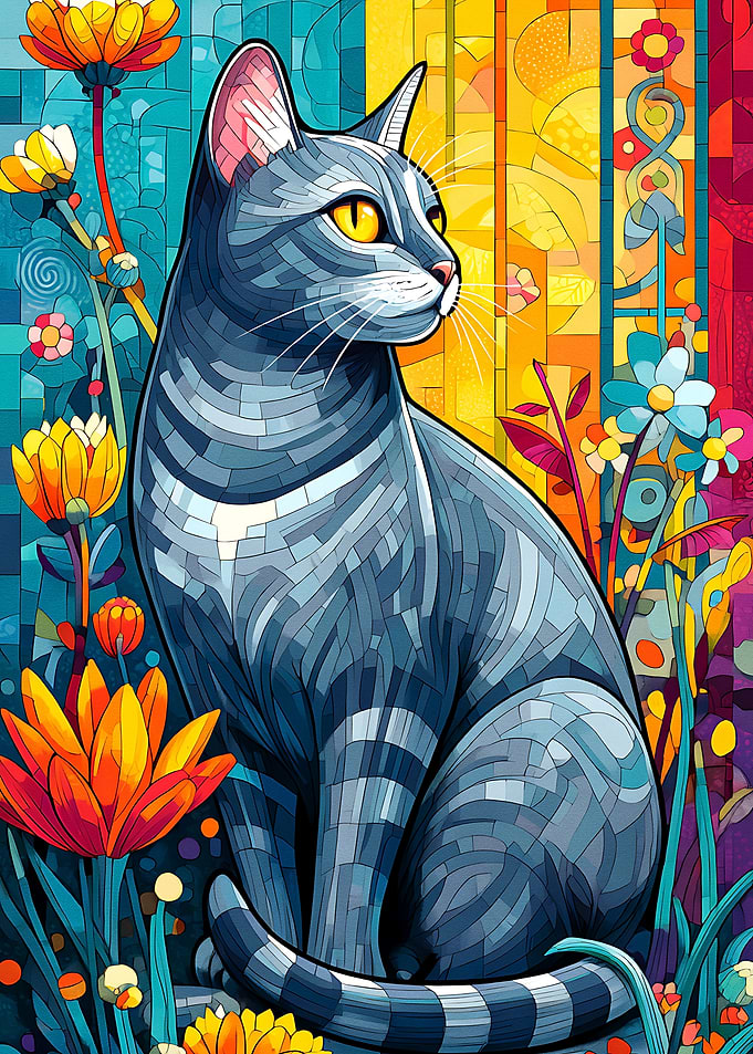 Mosaic Cat in Floral Garden