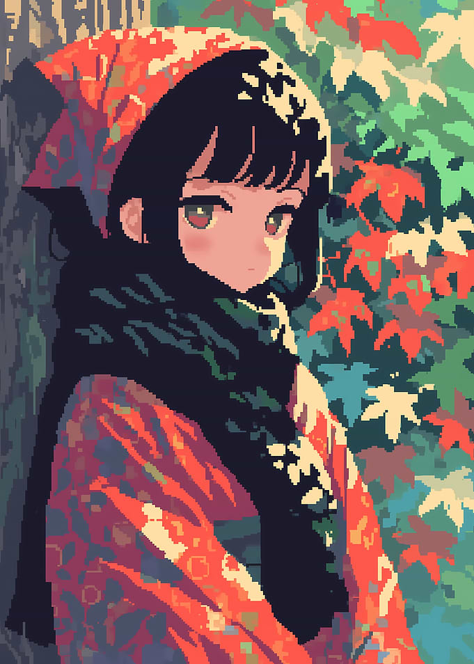 Anime Girl in Autumn Leaves Pixel Art