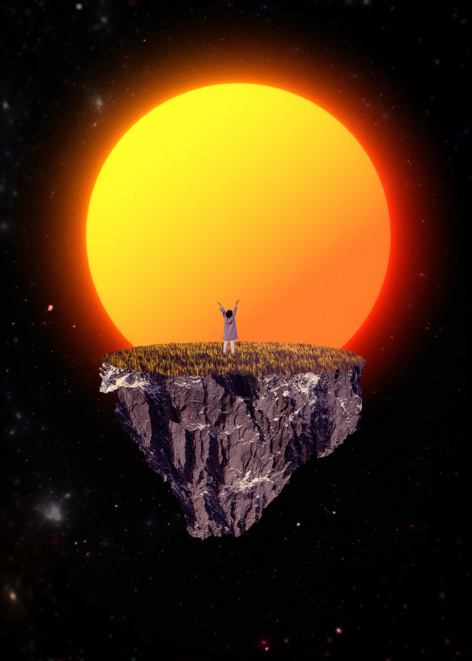Cosmic Island, woman reaching for the Sun Among Stars