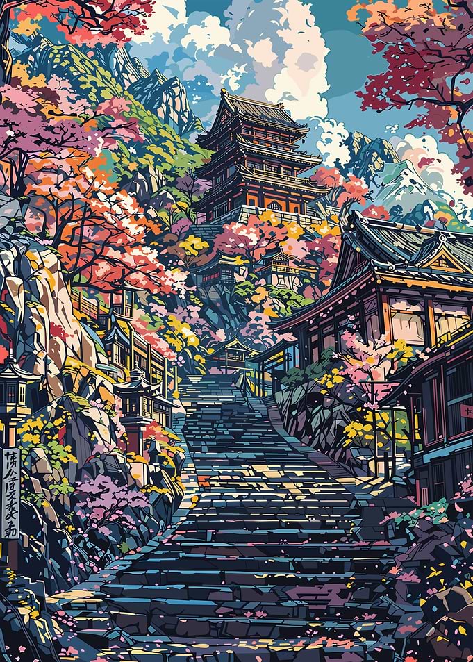Japanese Temple and Cherry Blossoms