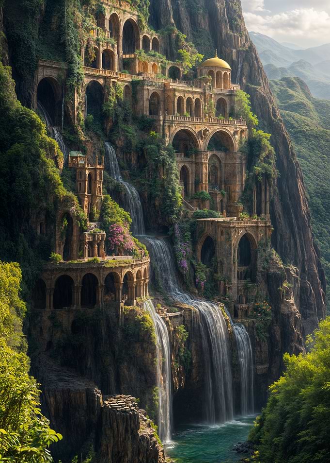Waterfall Cityscape with Arches and Architecture