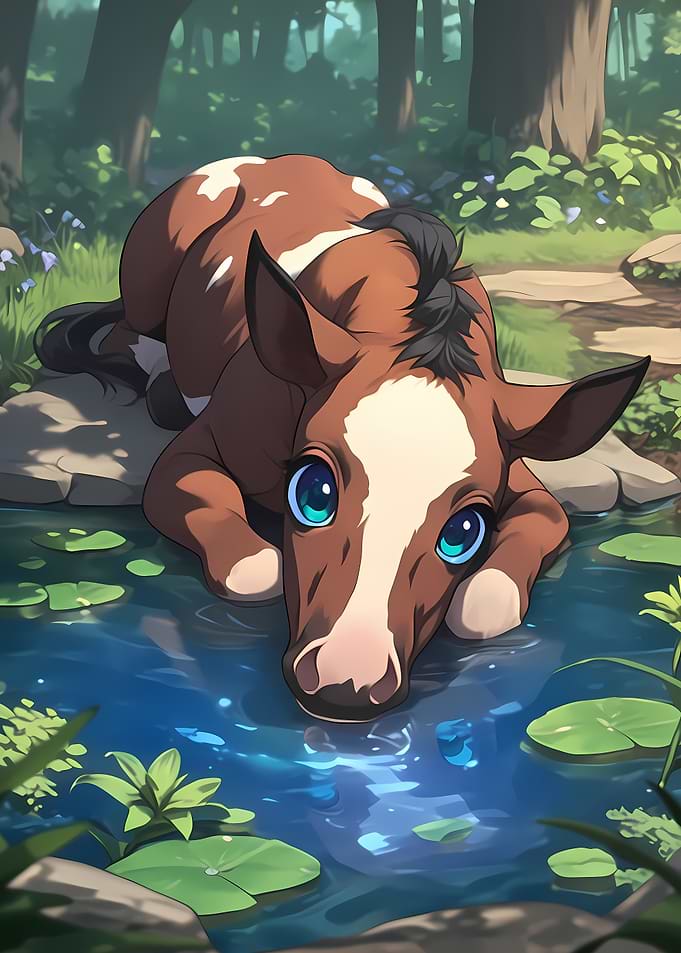 Cartoon Horse by Pond Animal