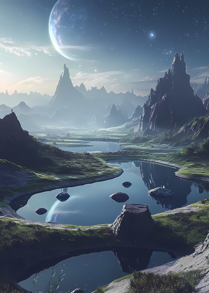 Alien Valley with Winding River Beneath a Large Moon