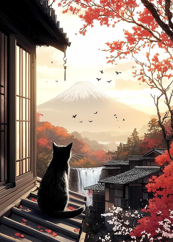 Black Cat Gazing at Mount Fuji