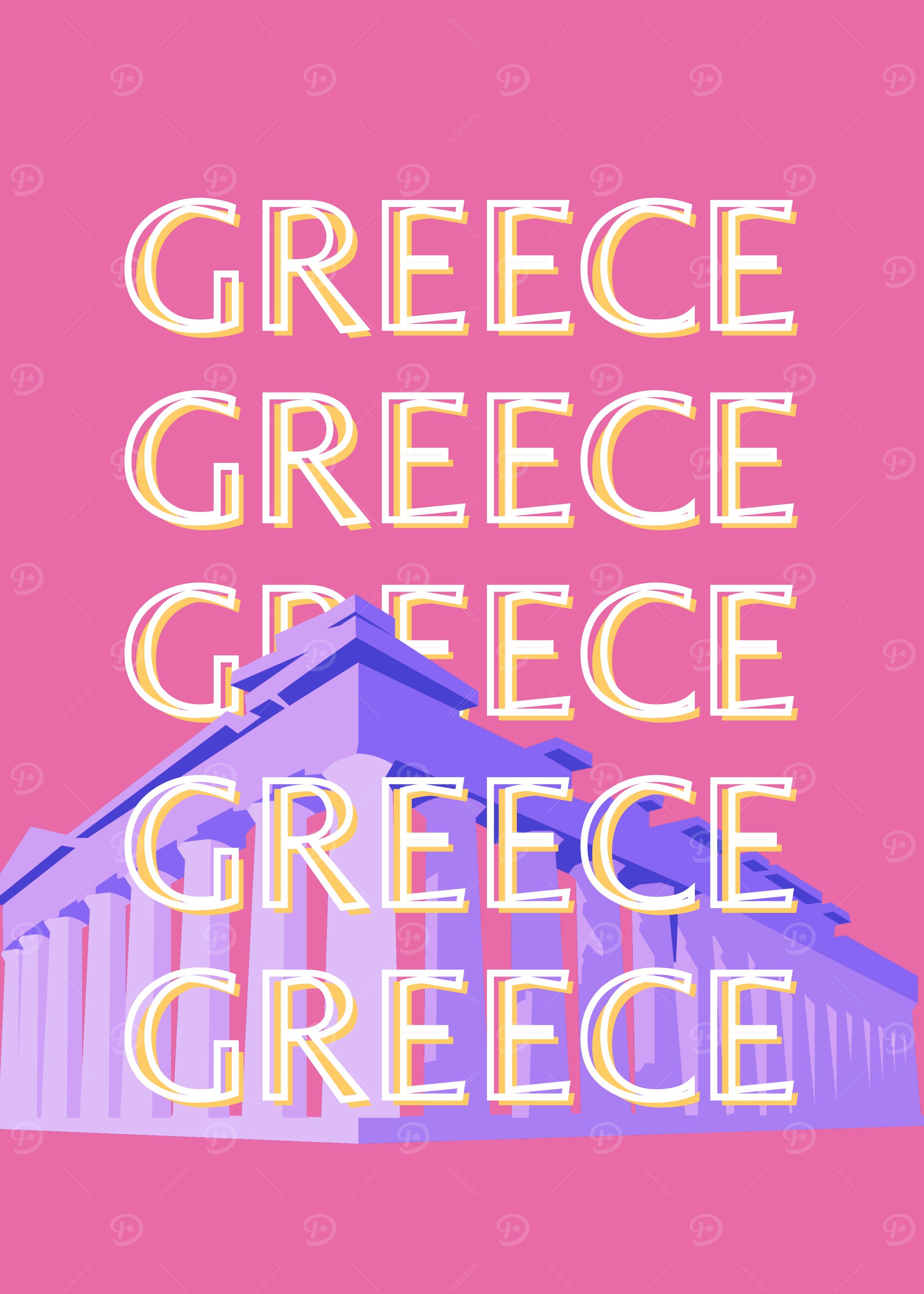 Greece Travel Art, Summer Retro Pink Travel Art