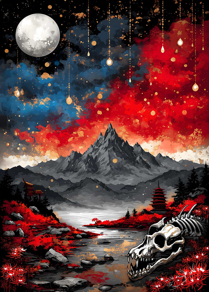 Dragon Skull Landscape with Red Flowers