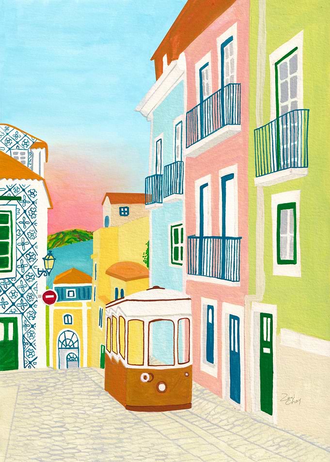 Lisbon Street Scene with Train