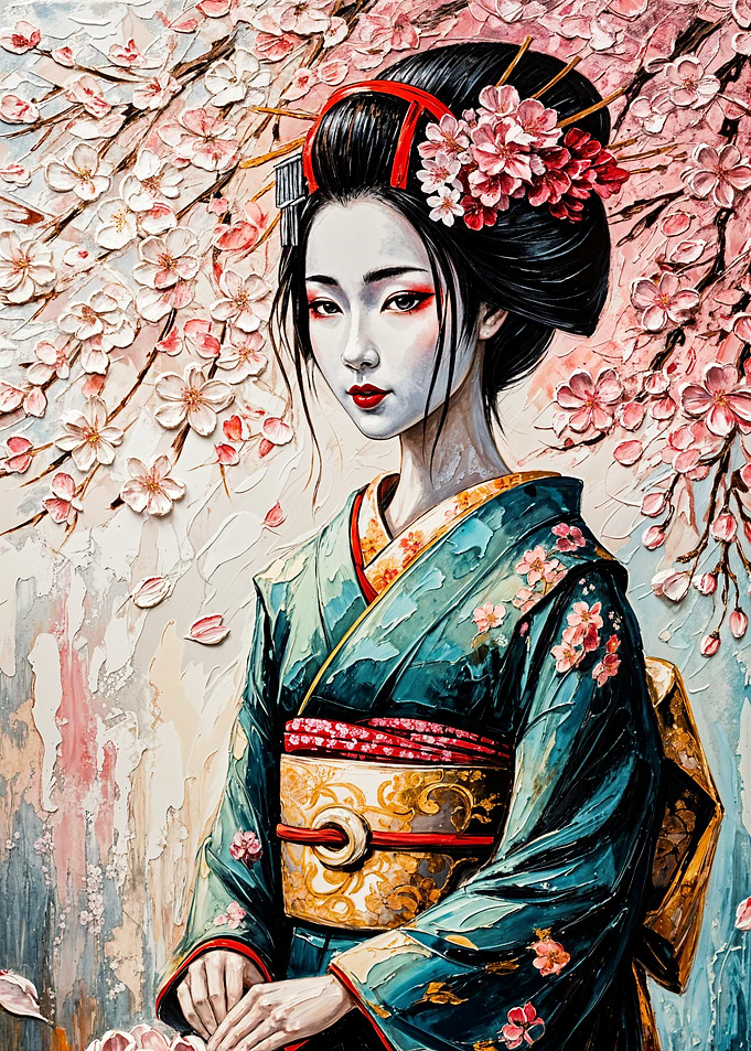 Geisha with Cherry Blossoms Painting