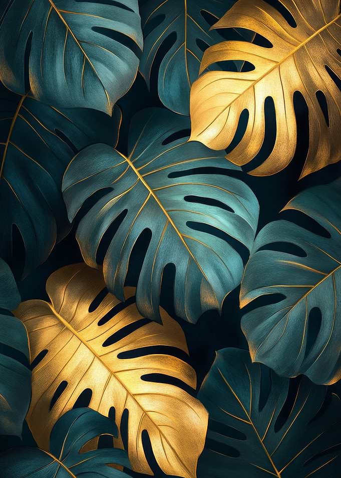 Monstera Leaves in Teal and Gold | Dark Elegance Monstera Poster | Botanical Art