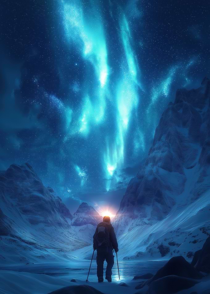 Aurora Borealis Mountain Hiker